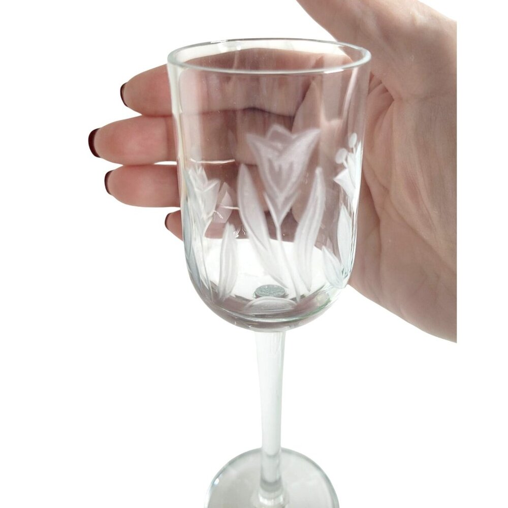 Vtg Mid Century Toscany Etched Tulip Crystal Wine Decanter Set 4 Glasses Stopper - Picture 3 of 8